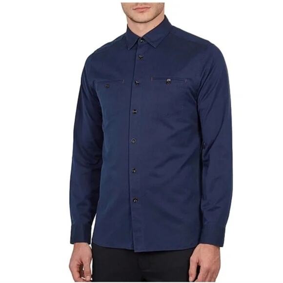 Ted Baker Shirt Denray Denim Button Front Navy Blue Classic Designer Size 3XL - Picture 1 of 12